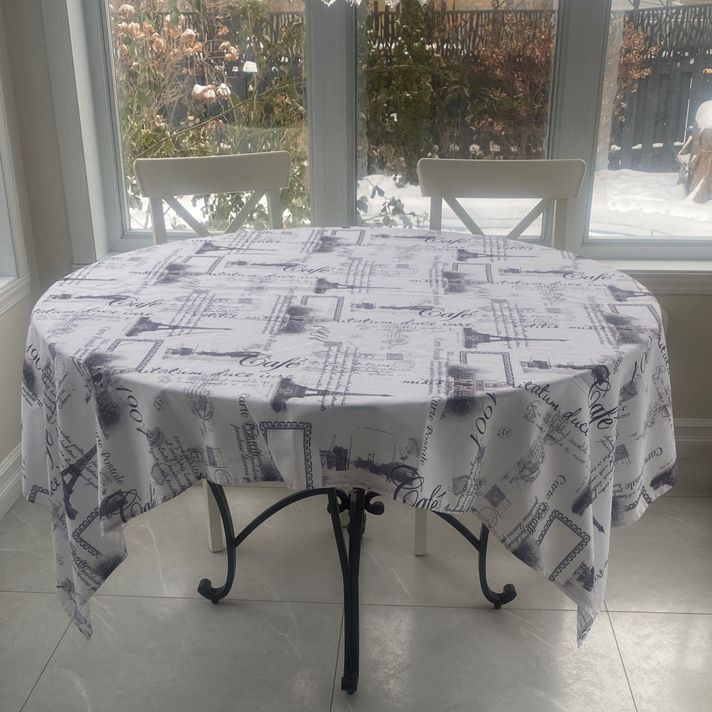 SQUARE Paris themed black & White polyester easy wear Tablecloth L:71”W:54”